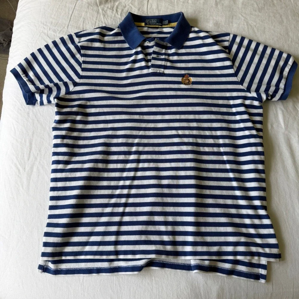 90's Polo Ralph Lauren XXL Blue White Striped Custom Fit Crest Polo Shirt